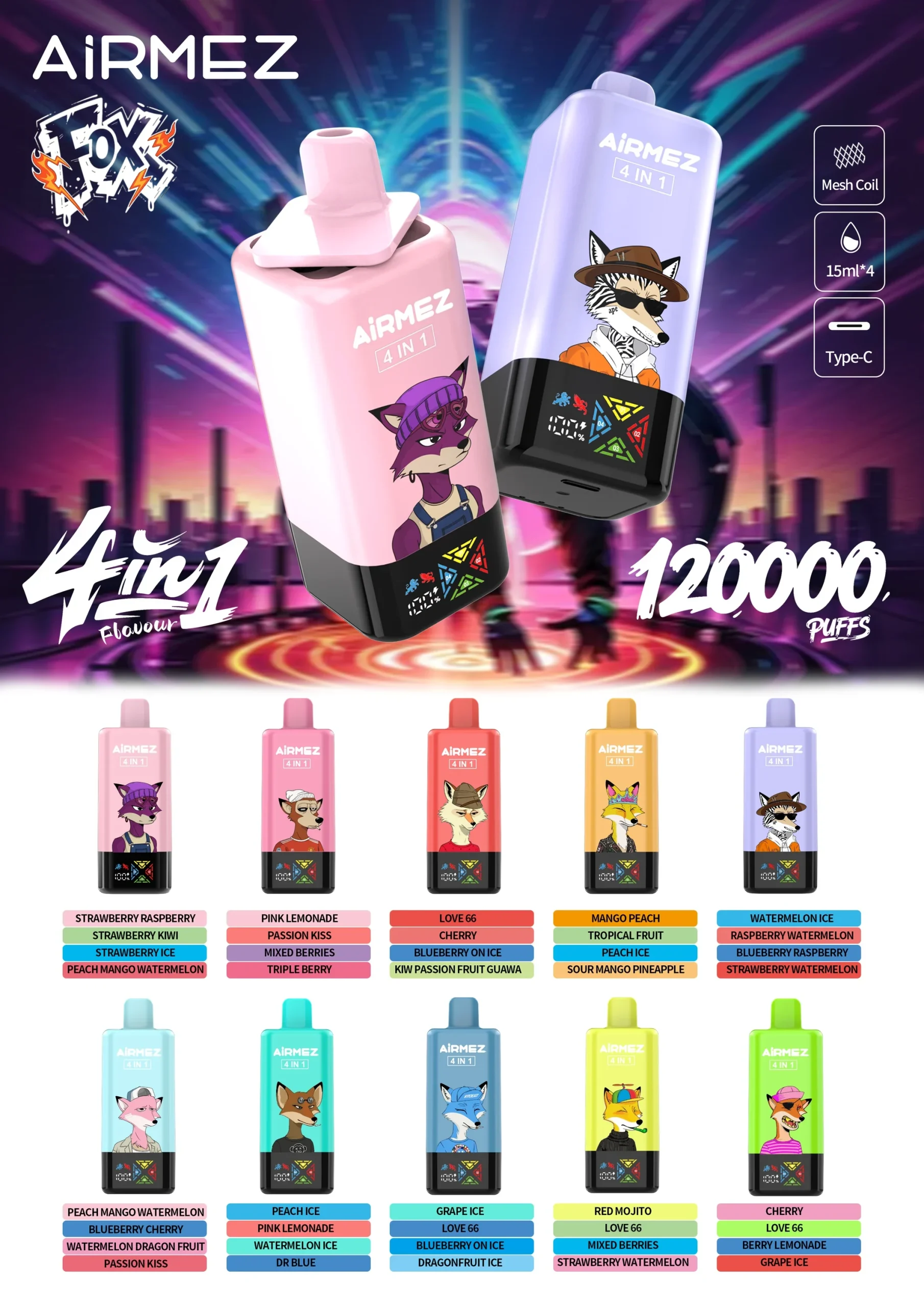 Airmez Fox 4 in 1 120K vape flavor selection