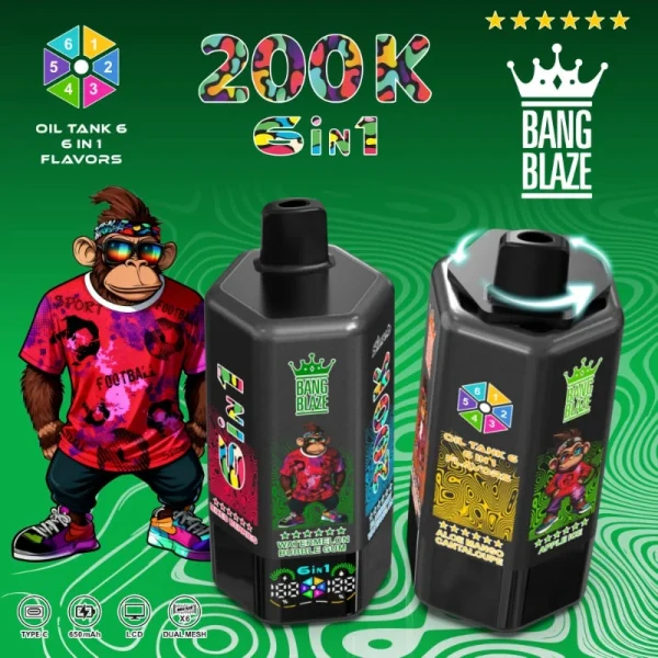 Bang Blaze 200K 6 in 1 Apple Ice Mixed Berries Watermelon Bubble Gum Blueberry Watermelon Strawberry Mango Aloe Mango Cantaloupe flavor