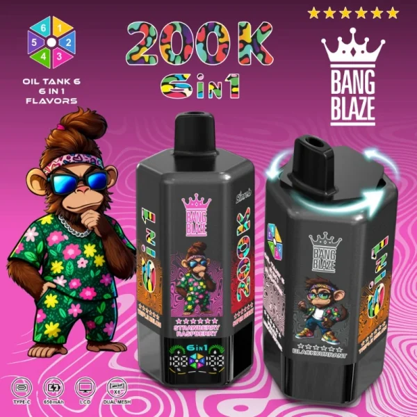 Bang Blaze 200K 6 in 1 Blackcurrant Triple Melon Strawberry Raspberry Super Berry Blueberry Blackberry Strawberry Peach Lemon Water flavor
