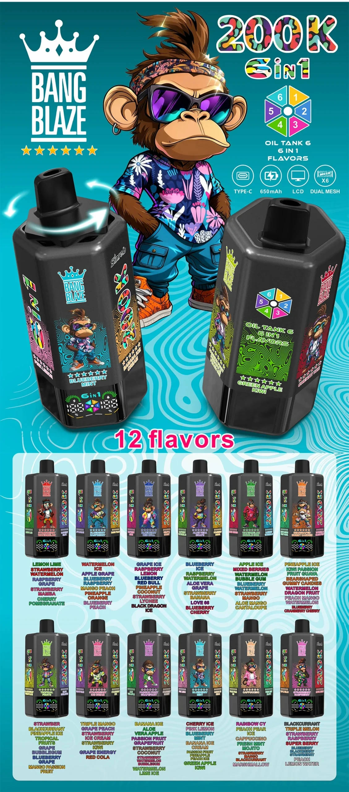 Bang Blaze 200K 6 in 1 vape flavor selection