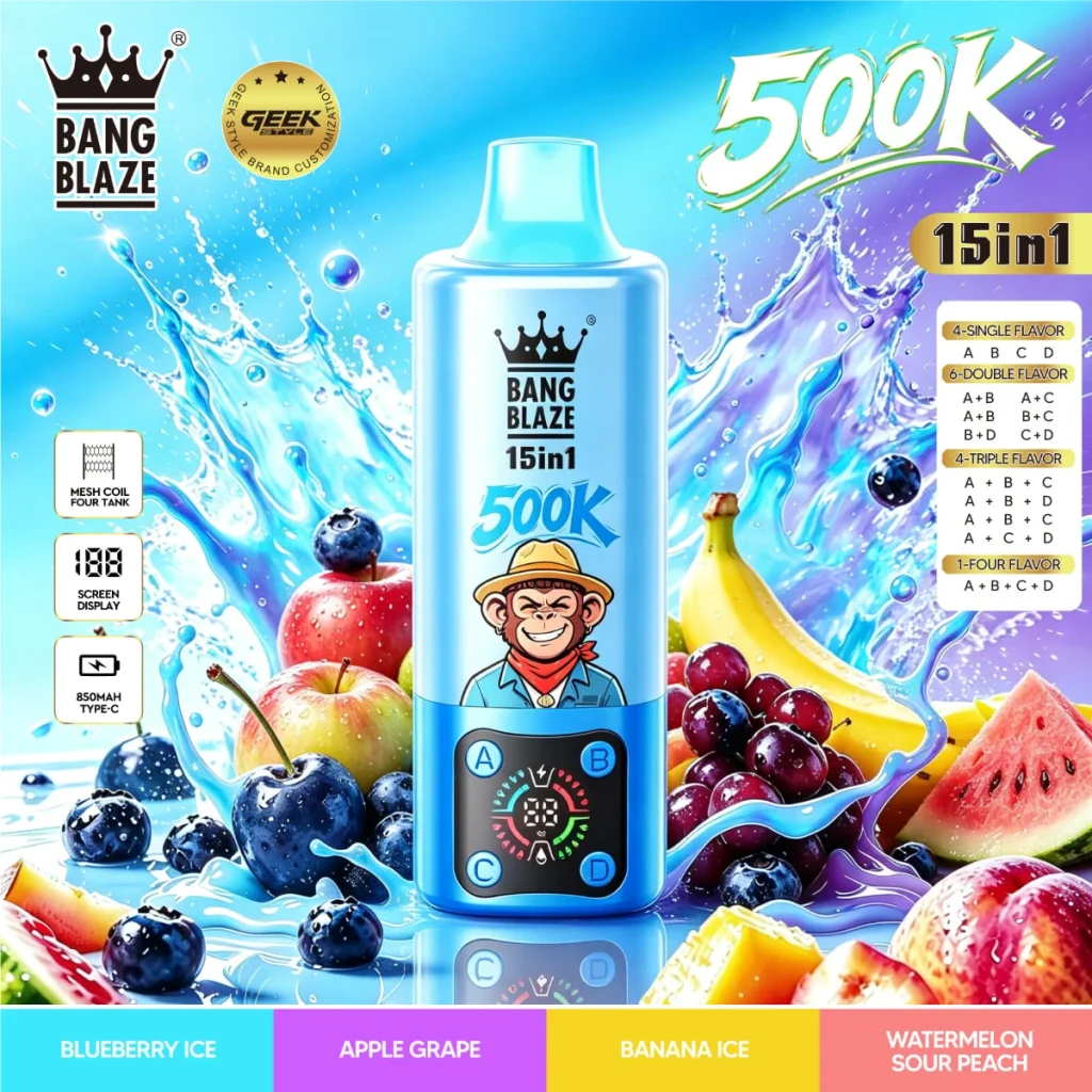 bang blaze 500k 15 in 1 Blueberry Ice, Apple Grape, Banana Ice, Watermelon Sour Peach flavor option