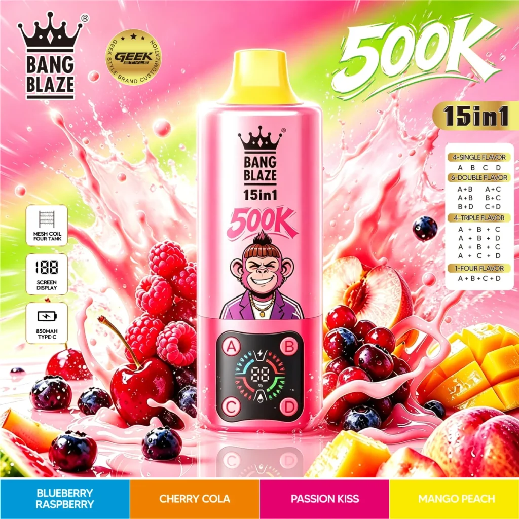 BANG multi-flavor disposable with Blueberry Raspberry, Cherry Coke, Passionate Kiss, Mango Peach