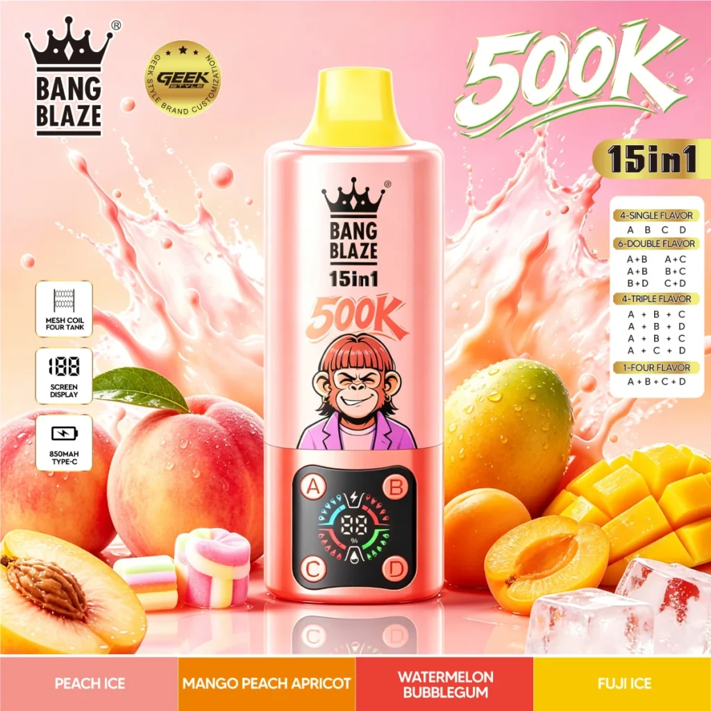 bang blaze 500k 15 in 1 Peach Ice, Mango Peach Apricot, Watermelon Bubblegum, Fuji Ice flavor option