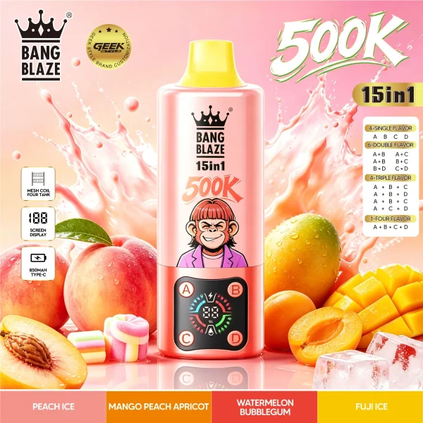 bang blaze 500k 15 in 1 Peach Ice, Mango Peach Apricot, Watermelon Bubblegum, Fuji Ice flavor option