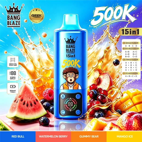 BANG multi-flavor disposable with Red Bull, Watermelon Berry, Bear Fudge, Mango Ice