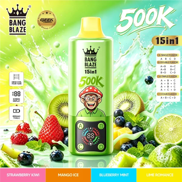 BANG multi-flavor disposable with Strawberry Kiwi, Mango Ice, Blueberry Mint, Lime Romance