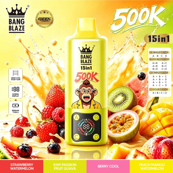bang blaze 500k 15 in 1 Strawberry Watermelon, Kiwi Passion Fruit Guava, Berry Cool, Peach Mango Watermelon flavor option
