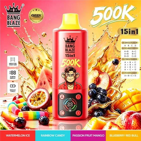 bang blaze 500k 15 in 1 Watermelon Ice, Rainbow Candy, Passion Fruit Mango, Blueberry Red Bull flavor option