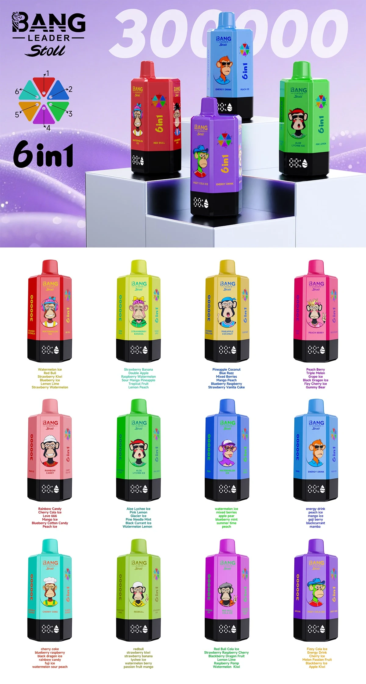 Bang Leader 300K 6 in 1 vape flavor selection
