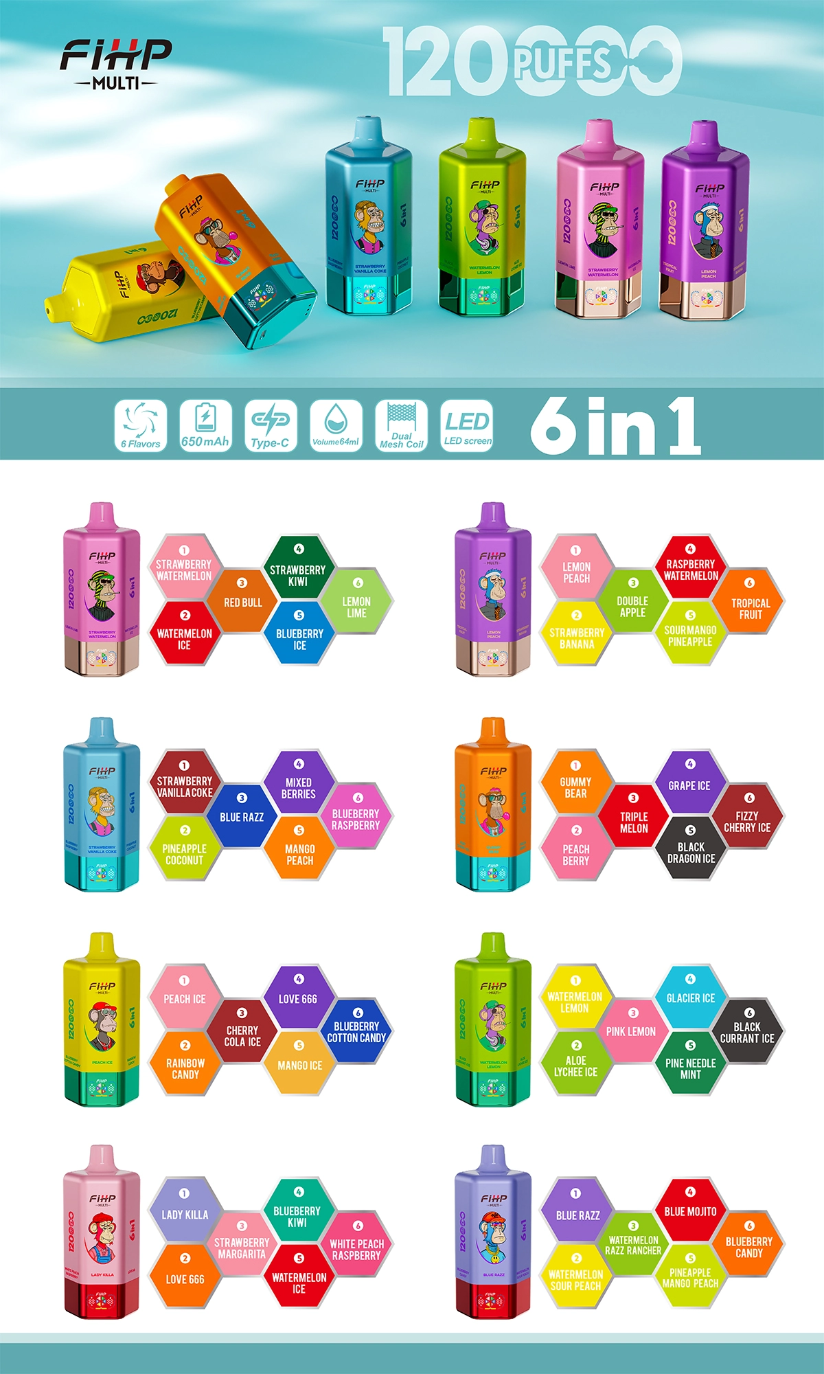 FIHP 120K 6 in 1 vape flavor selection