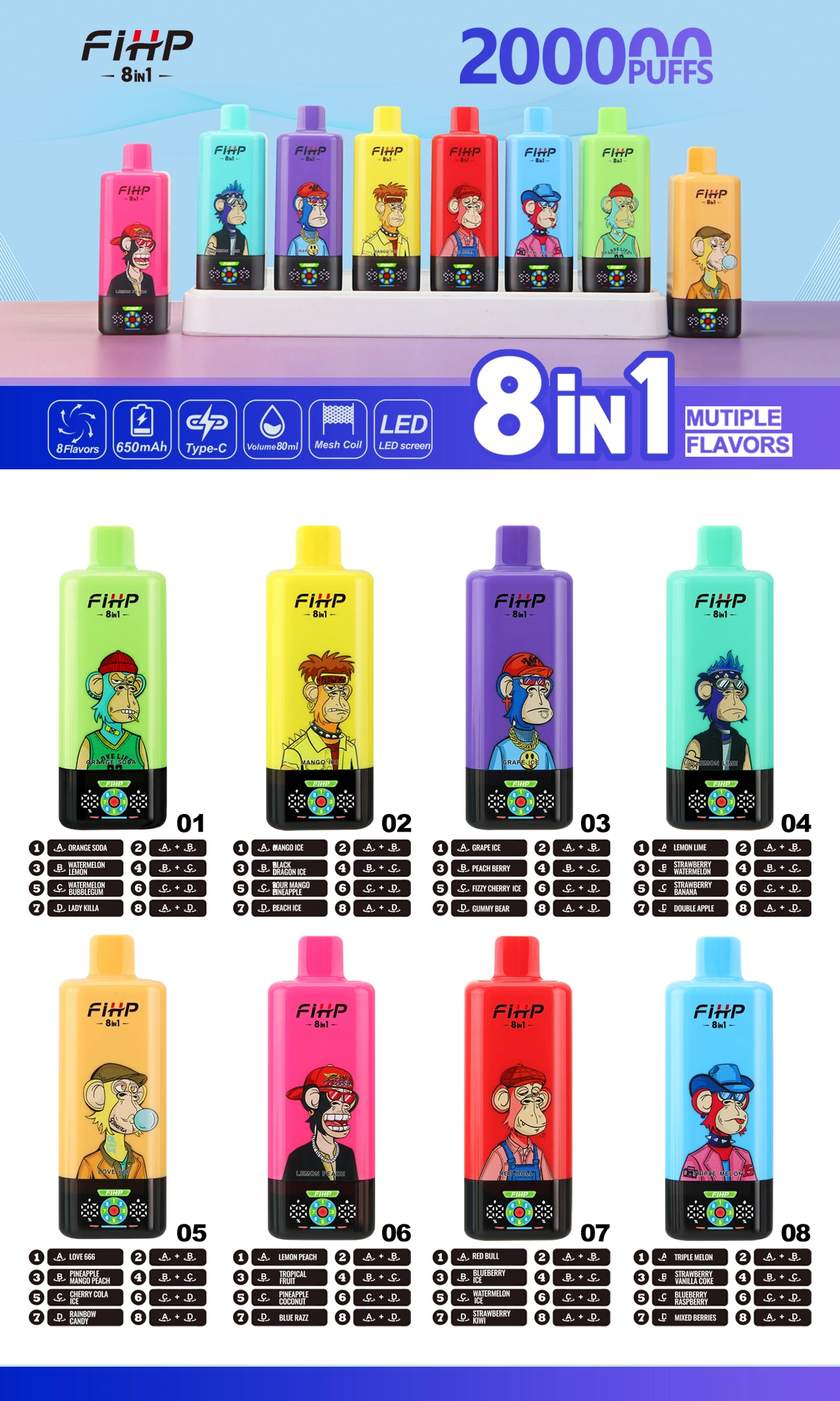 FIHP 200K 8 in 1 vape flavor selection