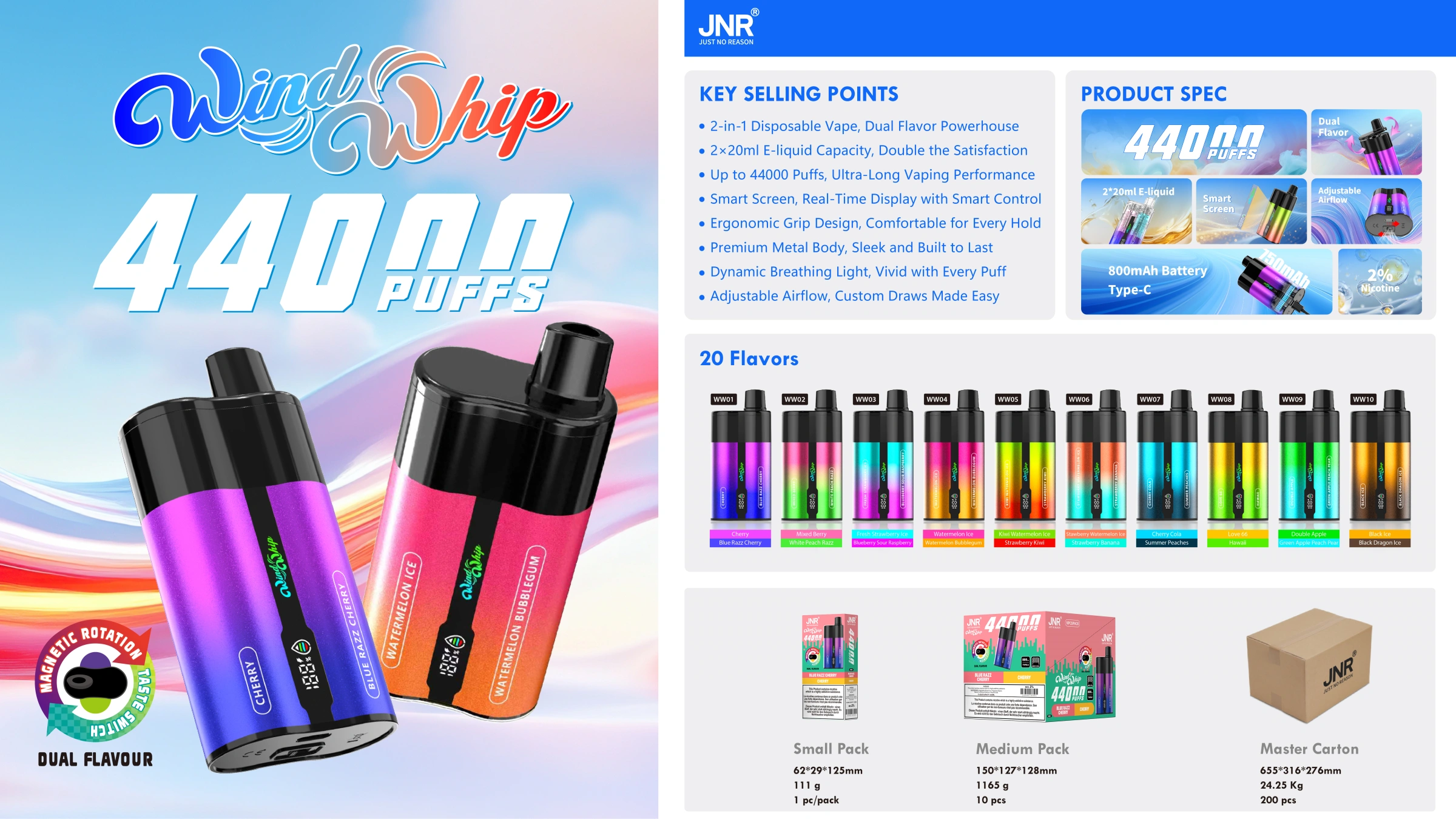JNR Wind Whip 44000 disposable vape promotional image