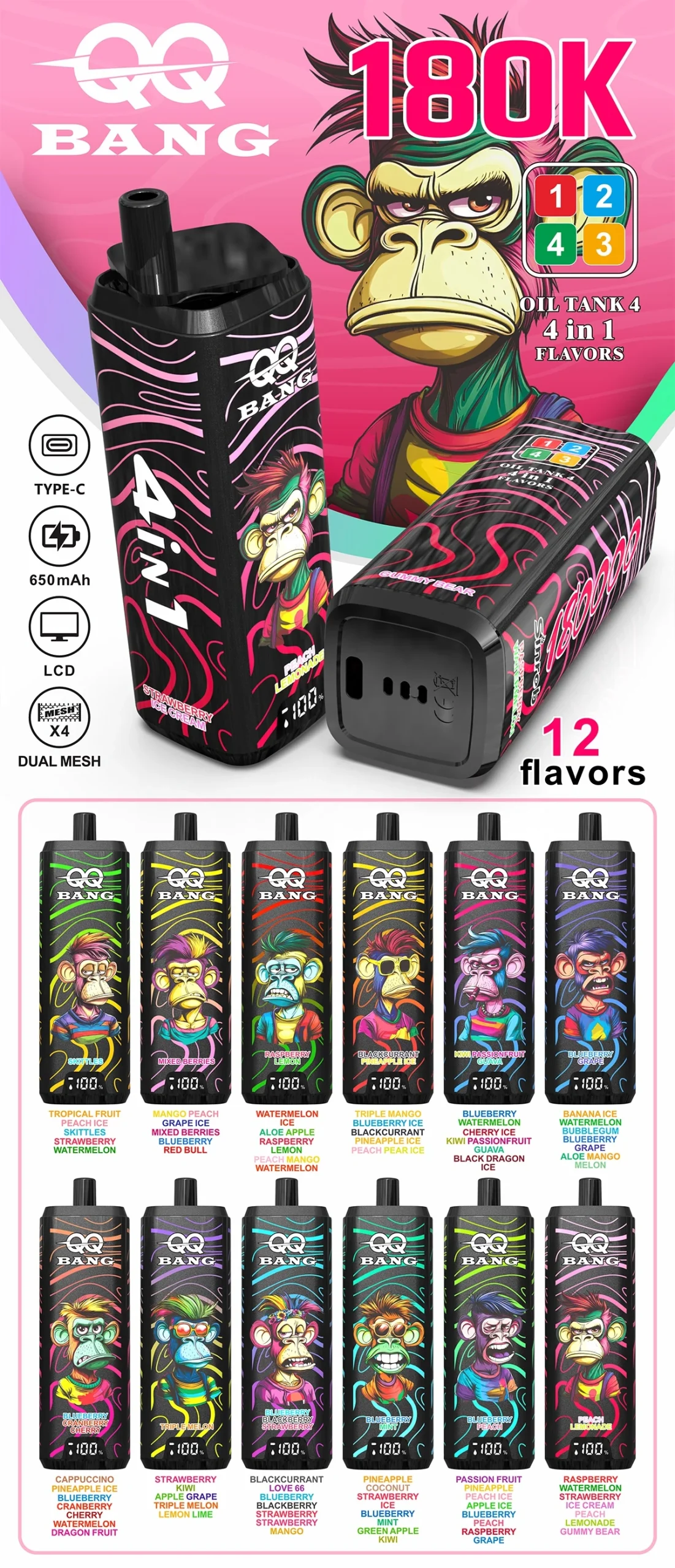 QQ Bang 180K 4 in 1 vape flavor selection