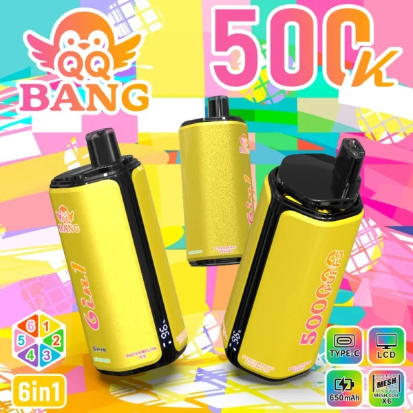 qq bang 500k 6 in 1 Strawberry Banana, Lemon Lime, Watermelon Ice, Peach Mango Pineapple, Sour Triple Berry, Hami Melon flavor option