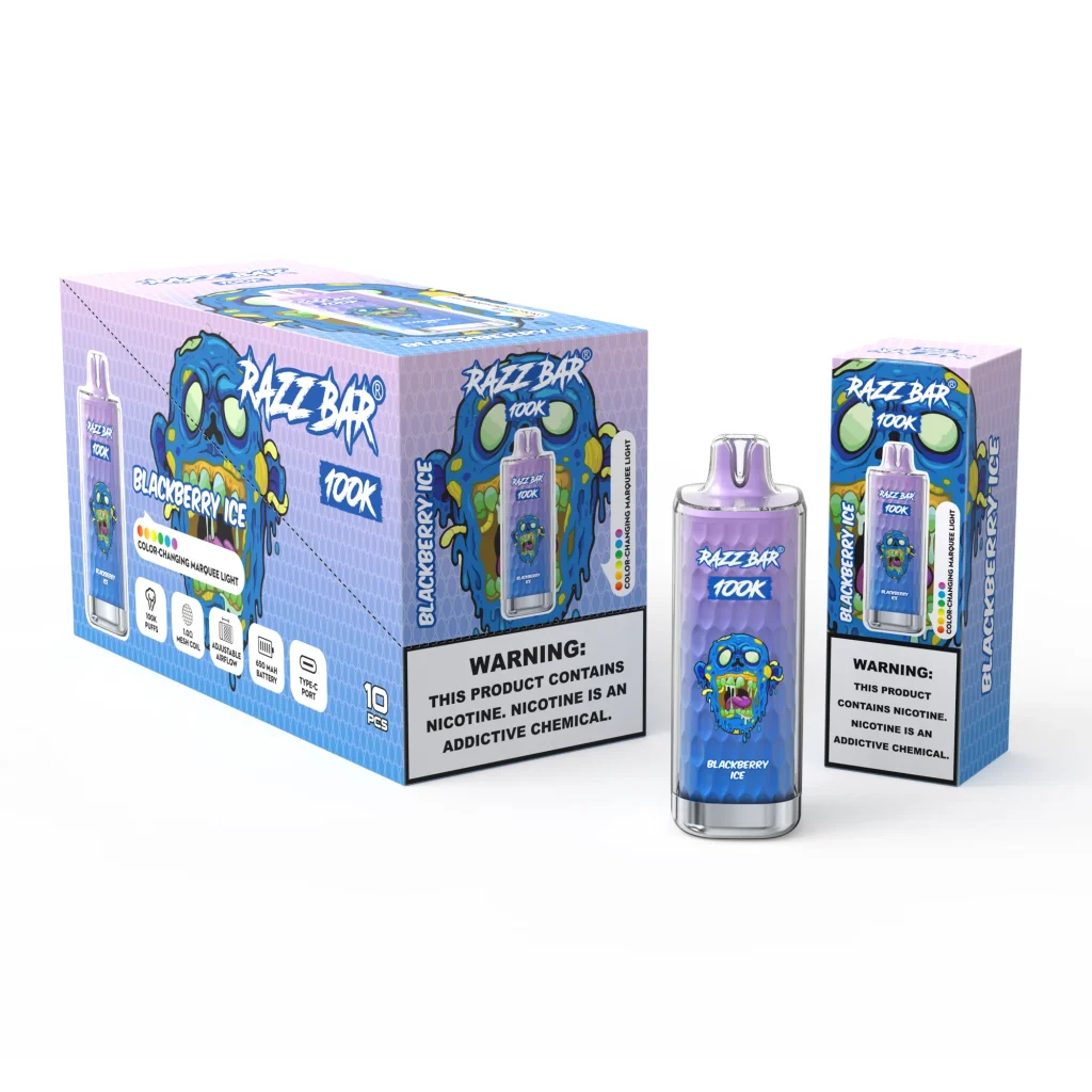 RAZZ BAR 100K Blackberry Ice flavour and packaging