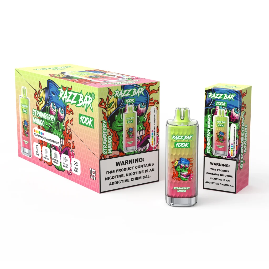 RAZZ BAR 100K Strawberry Mango flavour and packaging