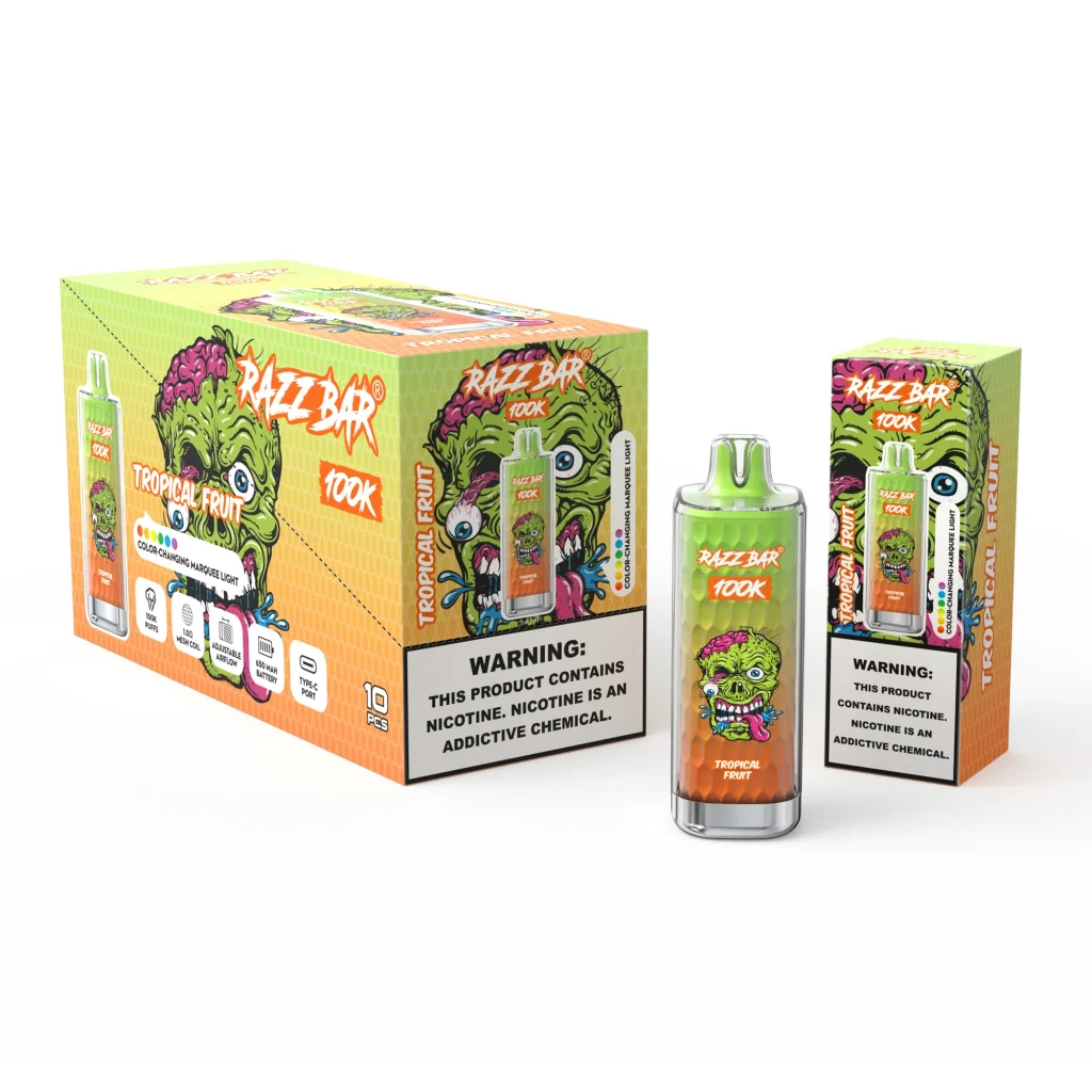 RAZZ BAR 100K Tropical Fruit flavour and packaging