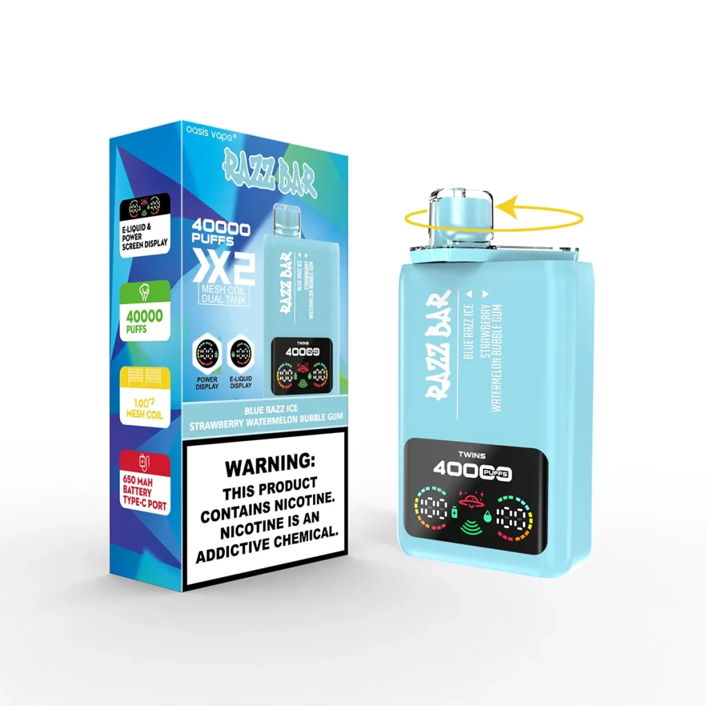 Razz Bar vape blue razz ice strawberry watermelon bubble gum box and device