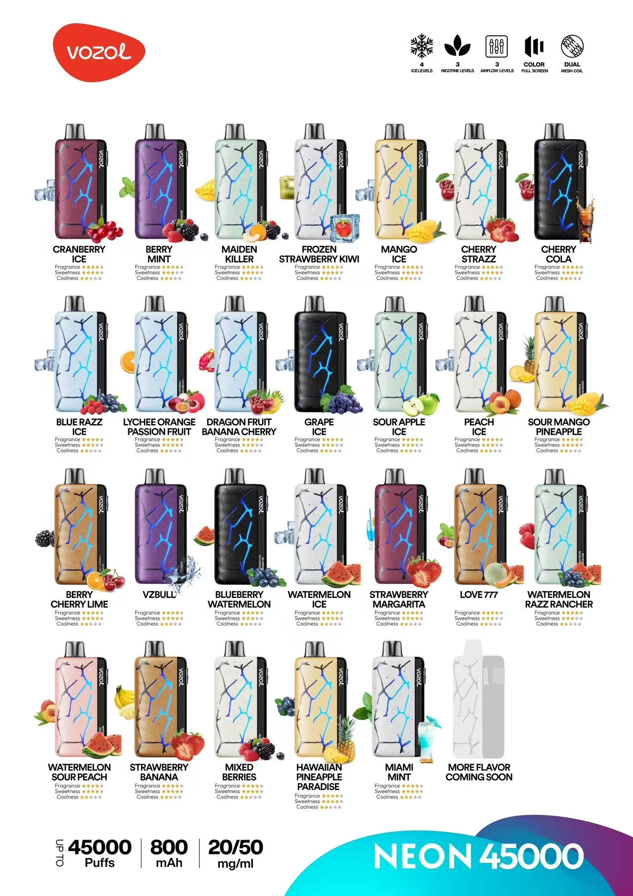 vozol neon 45k vape flavor selection