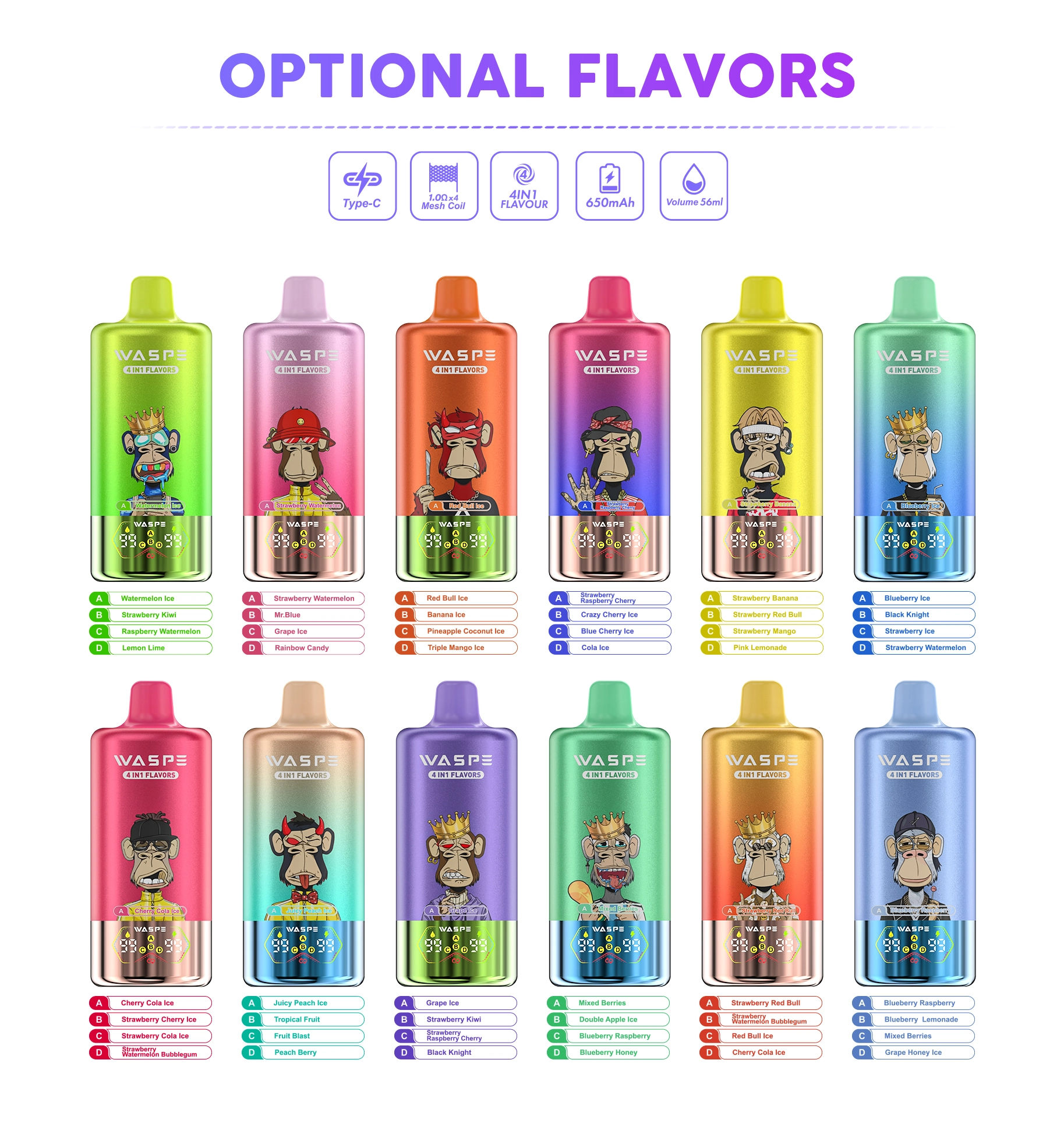 WASPE 100000 4 in 1 vape flavor selection