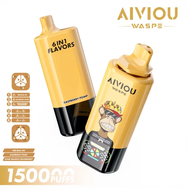 WASPE Aiviou 150K 6 in 1 Red Bull Ice & Raspberry Pomp & Sour Mango Strawberry flavor
