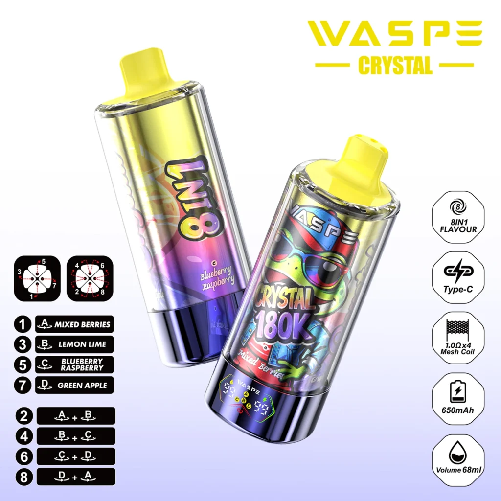 WASPE Crystal 180K 8 in 1 Grape Ice & Strawberry Kiwi & Watermelon Ice & Blue Rancher flavor