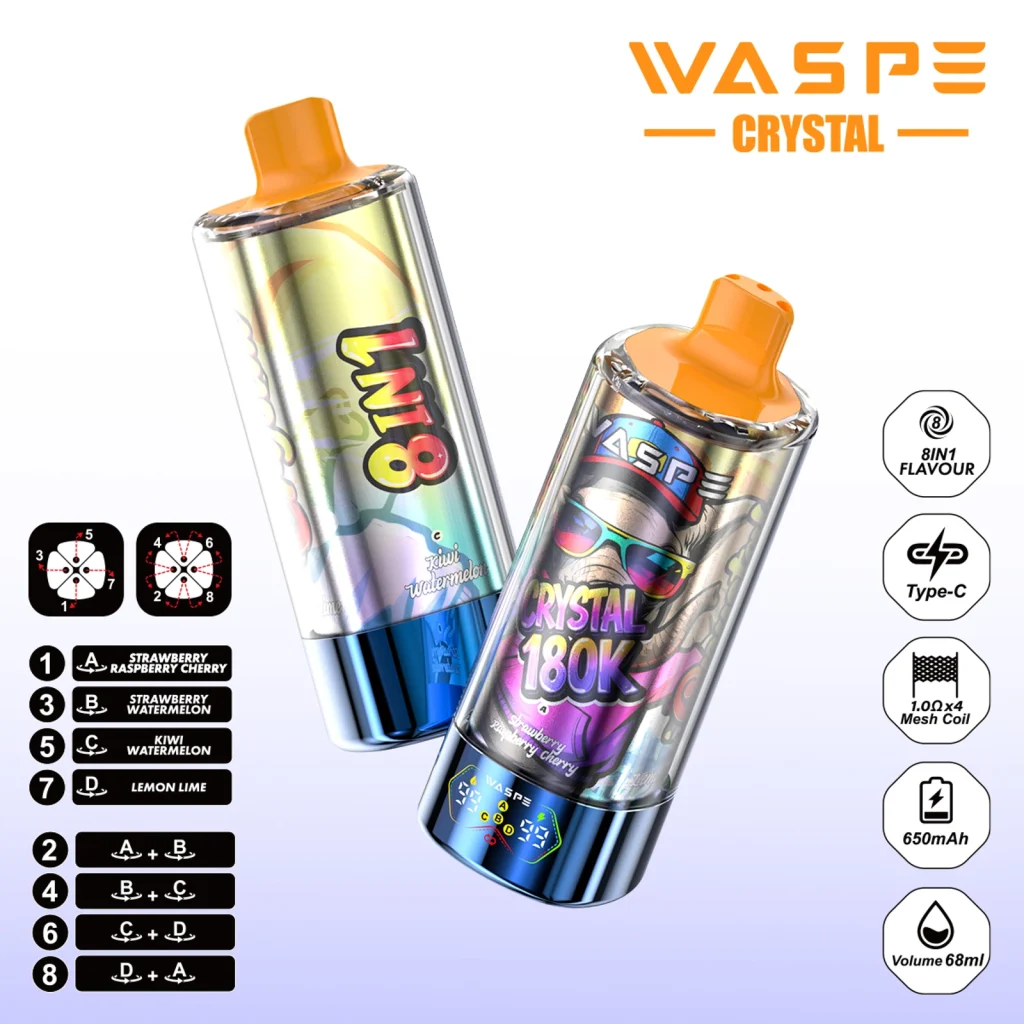 WASPE Crystal 180K 8 in 1 Red Bull Ice & Strawberry Ice & Sour Fcuking Fab & Cola Ice flavor