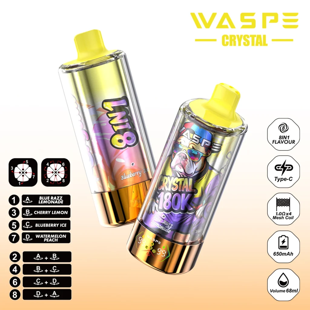 WASPE Crystal 180K 8 in 1 Watermelon Ice & Lemon Lime & Sour Mango Ice & Kiwi Melon Ice flavor